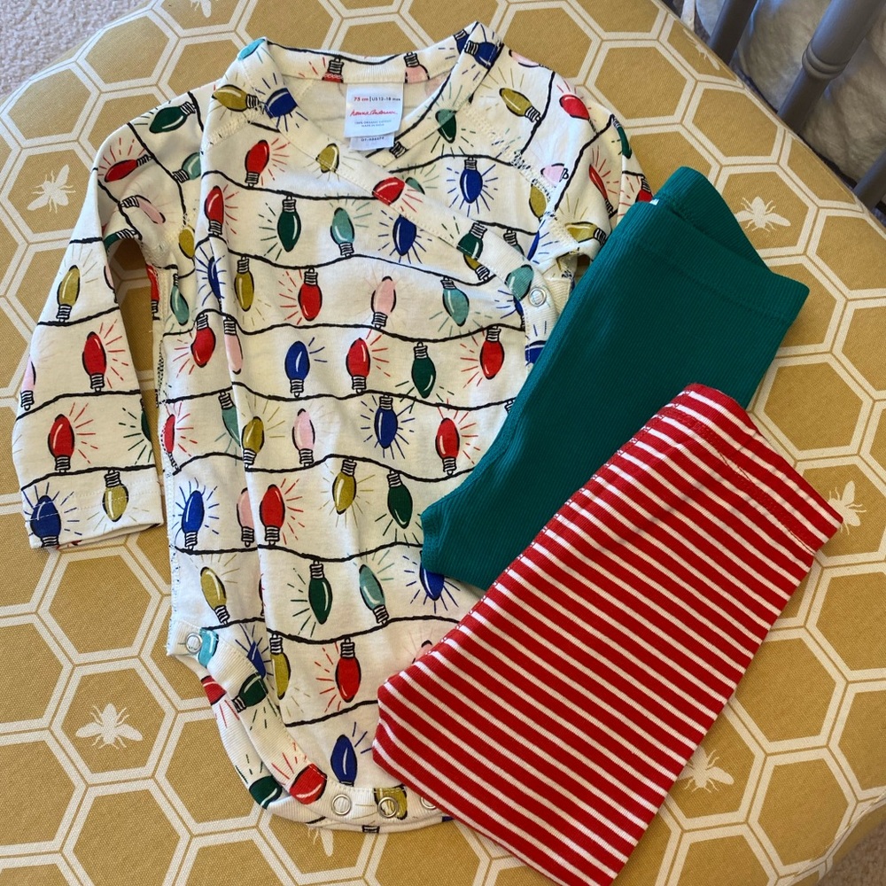 New organic 12-18 mo holiday lights bodysuit and leggings set, baby, unisex